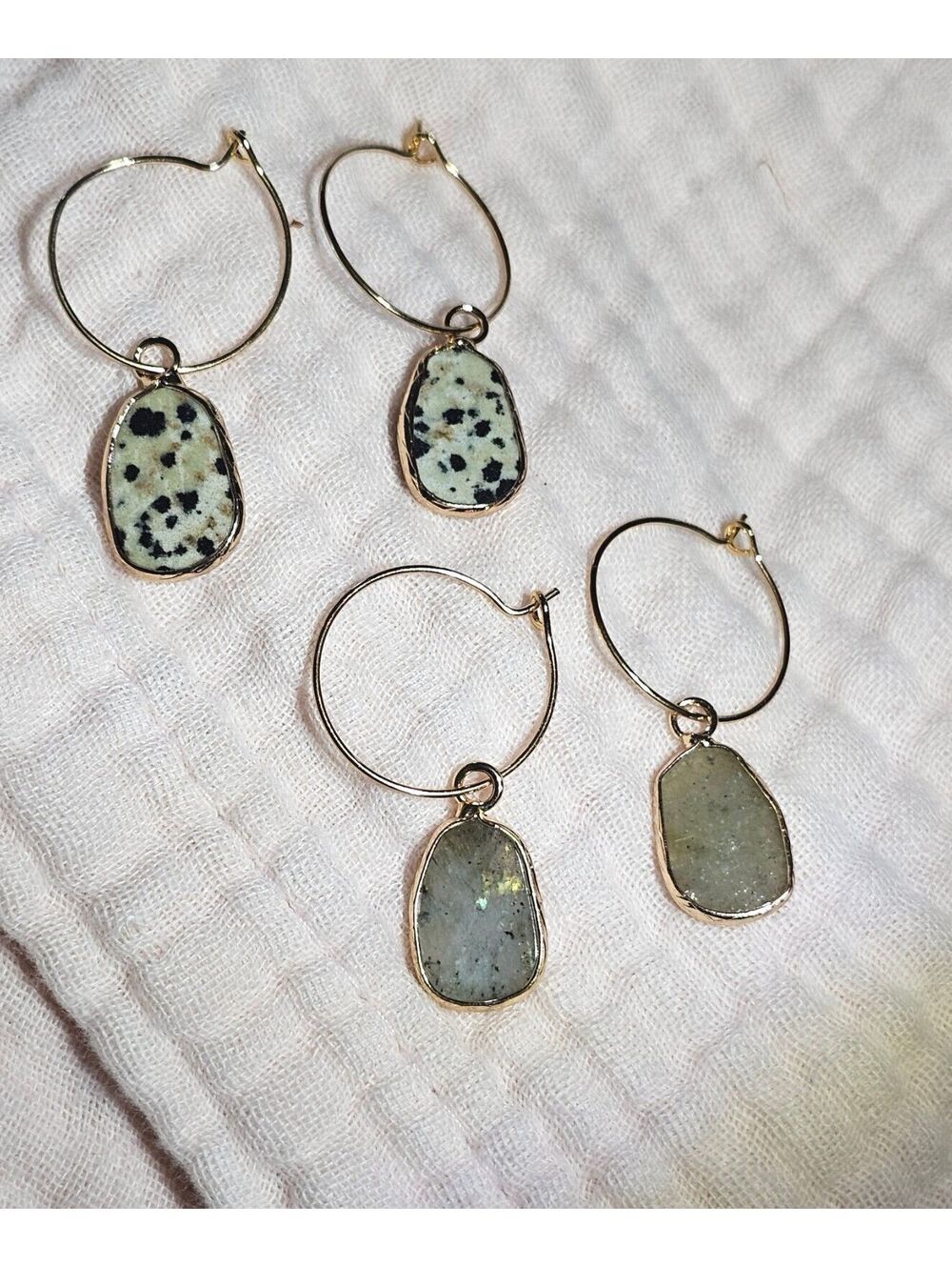 Two Pairs Gemstone Earrings Dalmation Jasper Labradorite Gold-plated Hoops